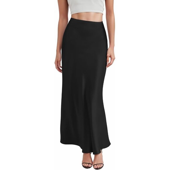 Women's Black Silky Satin Fabric Stretch High Waist Casual Pull On Maxi Skirt